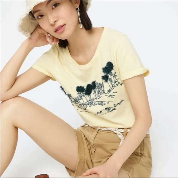 J Crew “Palm Tree” cotton crewneck tee shirt Yellow S - Picture 1 of 7